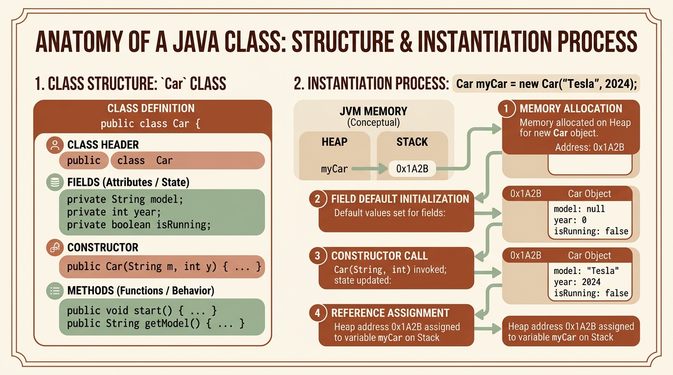 Anatomía de una Clase Java y Proceso de Instanciación en Memoria