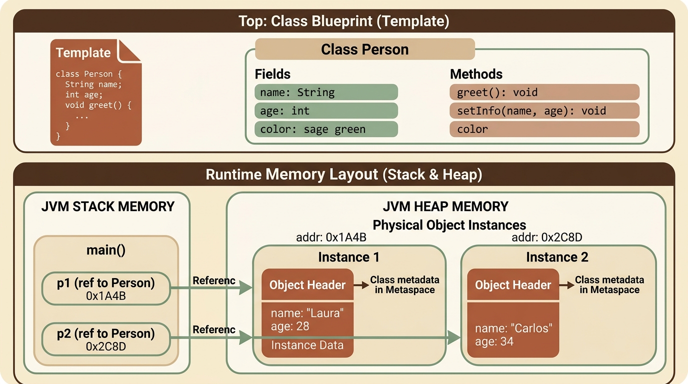 Disposición de Memoria Stack y Heap para Clases y Objetos en Java