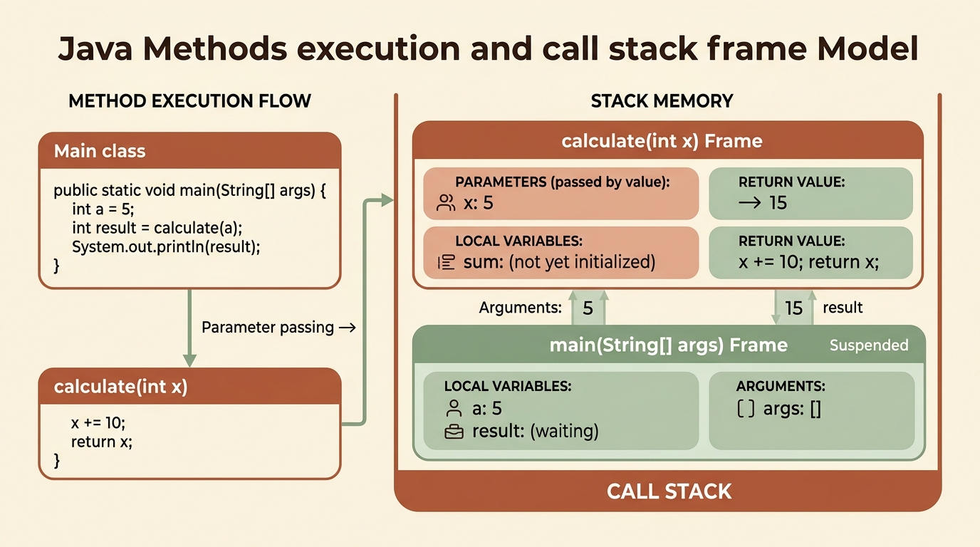 Diagrama del Modelo de Ejecución de Métodos y Pila de Llamadas en Java