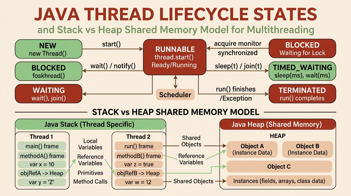 Estados del Ciclo de Vida de un Hilo y Modelo de Memoria Stack vs Heap